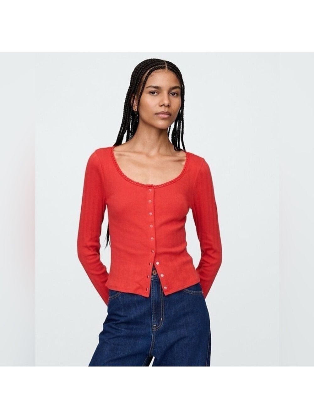Gap New Nordic Red Pointelle Crop Cardigan – Size Large – 100% Cotton
